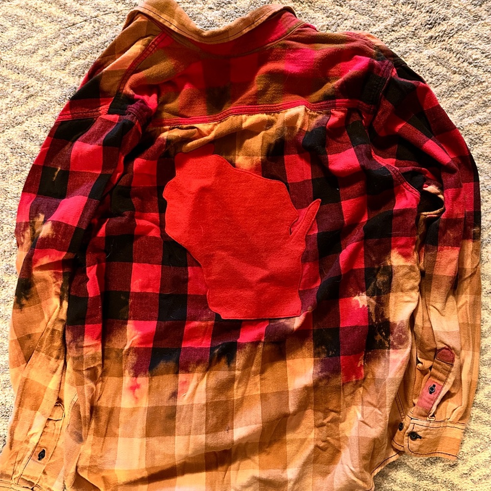Wisconsin Faded Glory Upcycled Bleached Red Plaid Flannel Shirt